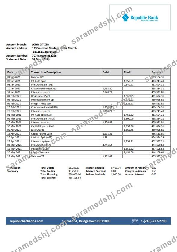 Barbados Republic Bank statement template in Word and PDF format